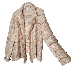 Chicos blazer women's size 3/XL tan cream cotton wool blend open cardigan knit